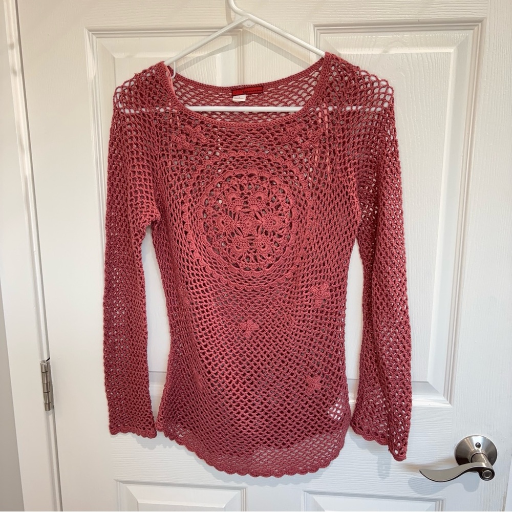 Tape Measure Crochet Open-Knit Long Sleeve Top - Rose